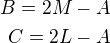$B=2M-A\\C=2L-A$