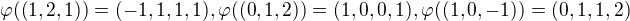 $\varphi((1,2,1))=(-1,1,1,1), \varphi((0,1,2))=(1,0,0,1),\varphi((1,0,-1))=(0,1,1,2) $