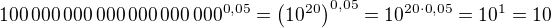 $100\,000\,000\,000\,000\,000\,000^{0,05}=\(10^{20}\)^{0,05}=10^{20\cdot0,05}=10^1=10$