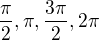 $\frac{\pi}{2}, \pi, \frac{3\pi}{2}, 2\pi$