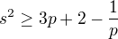 $s^{2}\ge 3p+2-\frac{1}{p}$