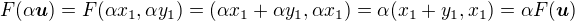 kopírovat do textarea $F(\alpha \boldsymbol{u}) = F(\alpha x_1, \alpha y_1) = (\alpha x_1 + \alpha y_1, \alpha x_1) = \alpha (x_1 + y_1, x_1) = \alpha F(\boldsymbol{u})$