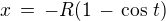 $x \,=\,-R(1\,-\,\cos\,t)$