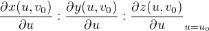 $\frac{\partial x(u,v_0)}{\partial u}:\frac{\partial y(u,v_0)}{\partial u}:\frac{\partial z(u,v_0)}{\partial u}_{u=u_0}$