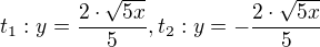 $t_{1}: y=\frac{2\cdot \sqrt{5x}}{5}, t_{2}: y=-\frac{2\cdot \sqrt{5x}}{5}$
