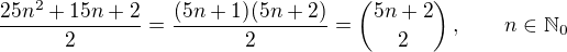 $\frac{25n^2+15n+2}{2}=\frac{(5n+1)(5n+2)}{2}=\binom{5n+2}{2}\,,\qquad n\in\mathbb{N}_0$