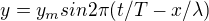 $y=y_{m} sin 2\pi (t/T-x/\lambda )$