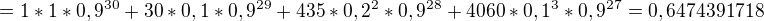 $ = 1*1*0,9^{30} + 30*0,1*0,9^{29} + 435*0,2^2*0,9^{28}+4060*0,1^3*0,9^{27} = 0,6474391718$