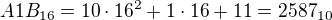 $A1B_{16}=10\cdot16^2+1\cdot16+11=2587_{10}$