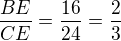 $\frac{BE}{CE}=\frac{16}{24}=\frac23$
