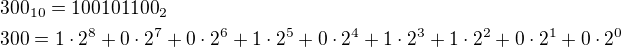 $300_{10}=100101100_{2}\nl300=1\cdot 2^8+0\cdot 2^7+0\cdot 2^6+1\cdot 2^5+0\cdot 2^4+1\cdot 2^3+1\cdot 2^2+0\cdot 2^1+0\cdot 2^0$