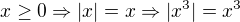 $x \geq 0 \Rightarrow |x| = x \Rightarrow |x^3| = x^3$