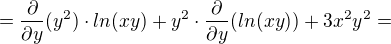 $=\frac{\partial }{\partial y}(y^2)\cdot ln(xy) +y^2\cdot \frac{\partial }{\partial y}(ln(xy))+3x^2 y^2=$