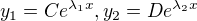 kopírovat do textarea $y_1=Ce^{\lambda_1 x}, y_2=De^{\lambda_2 x}$
