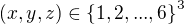 $(x, y, z) \in \{1, 2, ..., 6\}^3$