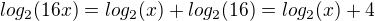 $log_2(16x)=log_2(x)+log_2(16)=log_2(x)+4$