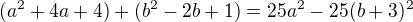 $(a^{2} + 4a + 4) + (b^{2} - 2b + 1) = 25a^{2} - 25(b + 3)^{2}$