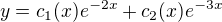 $y=c_{1}(x)e^{-2x}+c_{2}(x)e^{-3x}$
