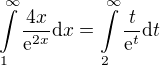 $\int\limits_{1}^{\infty}{\frac{4x}{\mathrm{e}^{2x}}\mathrm{d}x}=\int\limits_{2}^{\infty}{\frac{t}{\mathrm{e}^t}\mathrm{d}t}$