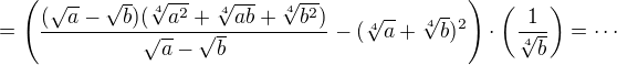 $=\(\frac{(\sqrt{a}-\sqrt{b})(\sqrt[4]{a^2}+\sqrt[4]{ab}+\sqrt[4]{b^2})}{\sqrt{a}- \sqrt{b}}-(\sqrt[4]{a}+\sqrt[4]{b})^2\)\cdot \(\frac{1}{\sqrt[4]{b}}\)=\cdots$