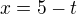 $x=5-t$