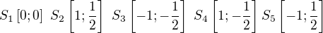 $S_1\left[0;0\right] \ S_2\left[1;\frac{1}{2}\right] \ S_3\left[-1;-\frac{1}{2}\right] \ S_4\left[1;-\frac{1}{2}\right] S_5\left[-1;\frac{1}{2}\right]$