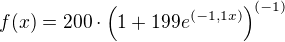 $f(x)={200}\cdot \({1+199e^{(-1,1x)}}\)^{(-1)}$