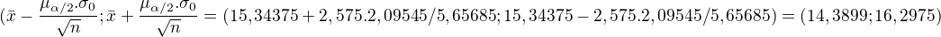 $(\bar{x} - \frac{\mu_{\alpha/2}.\sigma_0}{\sqrt{n}}; \bar{x} + \frac{\mu_{\alpha/2}.\sigma_0}{\sqrt{n}} = (15,34375 + 2,575 . 2,09545/5,65685;15,34375 - 2,575 . 2,09545/5,65685)=(14,3899; 16,2975)$