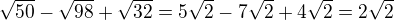$\sqrt{50}-\sqrt{98}+\sqrt{32}=5\sqrt{2}-7\sqrt{2}+4\sqrt{2}=2\sqrt{2}$