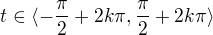 $t \in \langle -\frac{\pi}{2} + 2k\pi, \frac{\pi}{2} + 2k \pi \rangle$