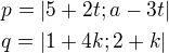 $p=|5+2t;a-3t|\nl q=|1+4k;2+k|$