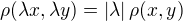 $\rho(\lambda x, \lambda y) = |\lambda|\,\rho(x, y)$