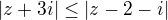 $|z+3i|\le |z-2-i|$