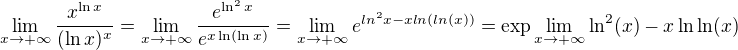 $\lim_{x \to +\infty} \frac{x^{\ln x}}{(\ln x)^x} = \lim_{x \to +\infty} \frac{e^{\ln^2 x}}{e^{x\ln (\ln x)}} = \lim_{x \to +\infty} e^{ln^{2}x-xln(ln(x))}= \exp \lim_{x \to +\infty} \ln ^2(x)-x \ln\ln(x)$