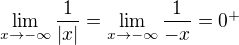 $\lim_{x\to-\infty }\frac{1}{|x|}=\lim_{x\to-\infty }\frac{1}{-x}=0^+$