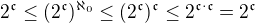 $2^{\mathfrak c} \le (2^{\mathfrak c})^{\aleph_0} \le (2^{\mathfrak c})^{\mathfrak c} \le 2^{\mathfrak c\cdot\mathfrak c} = 2^{\mathfrak c}$