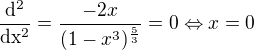 $\frac{\mathrm{d}^2 }{\mathrm{dx^2} }=\frac{-2x}{(1-x^{3})^{\frac{5}{3}}}=0 \Leftrightarrow x=0$