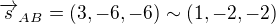$\overrightarrow{s}_{AB} = (3, -6, -6) \sim (1, -2, -2)$