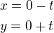 $x=0-t\nly=0+t$