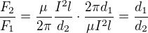 $\frac{F_2}{F_1}=\frac\mu{2\pi}\frac{I^2l}{d_2}\cdot\frac{2\pi d_1}{\mu I^2l}=\frac{d_1}{d_2}$