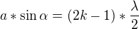 $a*\sin \alpha =(2k-1)*\frac{\lambda }{2}$