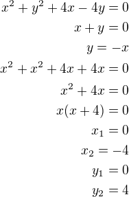 $x^2+y^2+4x-4y=0\\x+y=0\\y=-x\\x^2+x^2+4x+4x=0\\x^2+4x=0\\x(x+4)=0\\x_1=0\\x_2=-4\\y_1=0\\y_2=4$