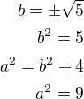 $b=\pm\sqrt 5\\b^2=5\\a^2=b^2+4\\a^2=9$