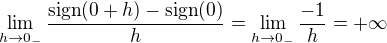 $\lim_{h \to 0_{-}} \frac{\text{sign}(0 + h) - \text{sign}(0)}{h} = \lim_{h \to 0_{-}} \frac{-1}{h} = +\infty$