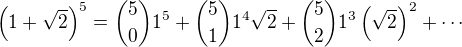 $\(1+\sqrt{2}\)^{5}=\binom{5}{0}1^5+\binom{5}{1}1^4\sqrt2+\binom{5}{2}1^3\(\sqrt2\)^2+\cdots$