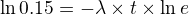 $\ln0.15=-\lambda \times t\times\ln e$