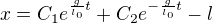 $x=C_{1}e^{\frac{g}{l_{0}}t}+C_{2}e^{-\frac{g}{l_{0}}t}-l$
