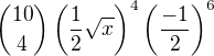 $\binom{10}{4} \left( \frac{1}{2} \sqrt{x} \right)^4 \left( \frac{-1}{2} \right)^6$