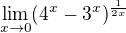 $\lim_{x\to 0}(4^x-3^x)^\frac{1}{2x}$