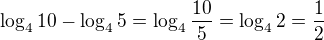 $\log_{4}10-\log_{4}5=\log_{4}\frac{10}{5}=\log_{4}2=\frac{1}{2}$